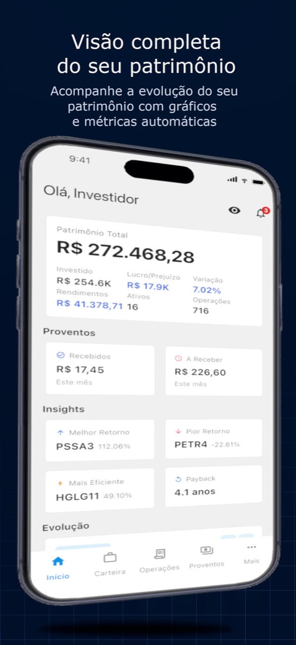 Tela inicial do AtivoSmart com patrimônio total de R$ 272.468,28