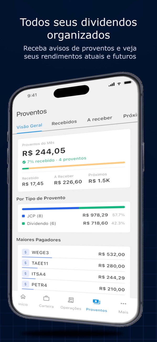 Tela de proventos do AtivoSmart com dividendos organizados