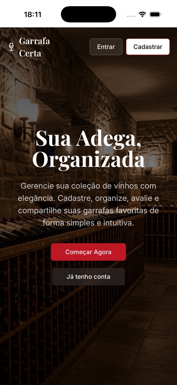 Tela inicial do Garrafa Certa — Sua Adega, Organizada