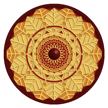 Mandala em relevo dourada sobre fundo vinho, com pétalas nervuradas